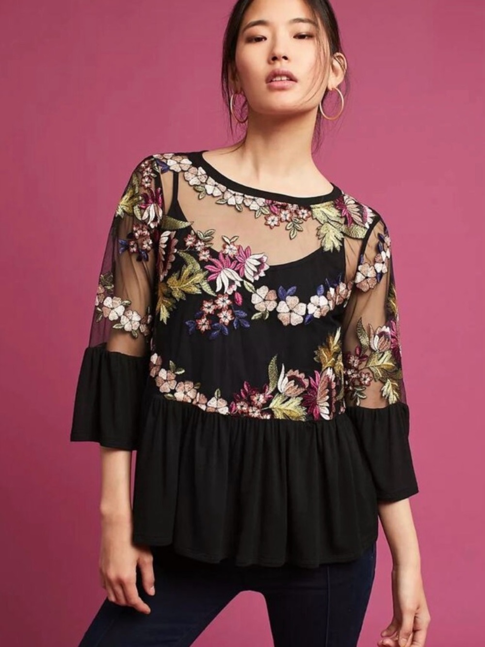 Anthropologie Black Floral Embroidered Peplum Top